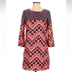 Traffic People Coral & Navy Geo Retro Vibes Shift Dress 3/4 Sleeves Size XS